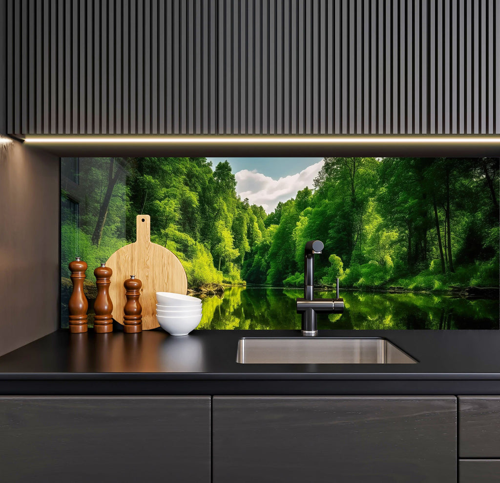 a kitchen with a sink and a painting on the wall