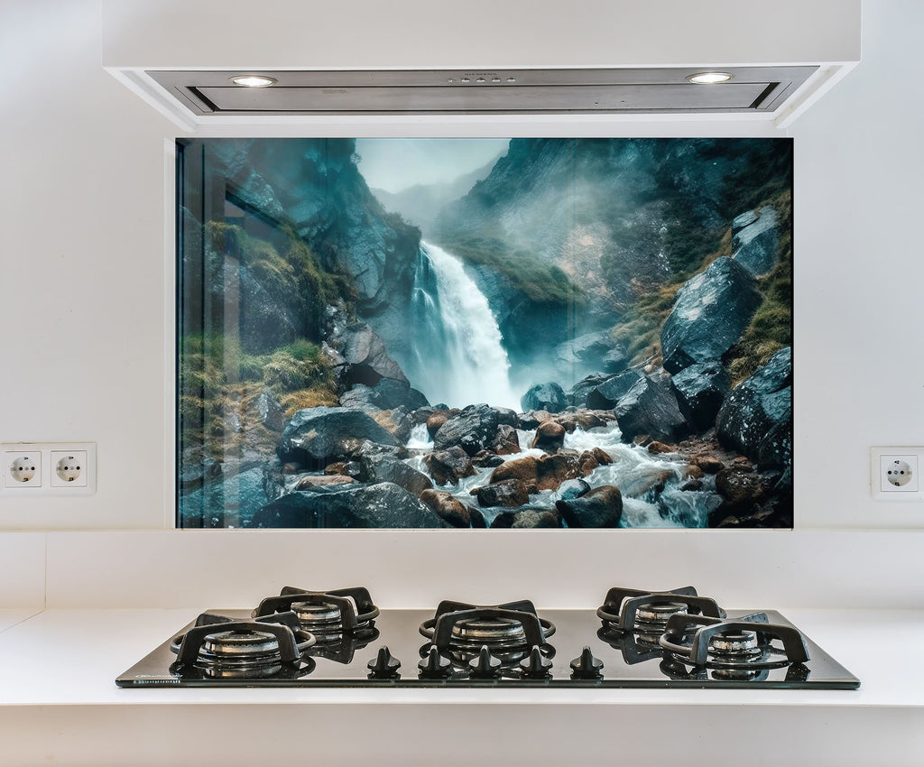 a picture of a waterfall on a wall above a stove