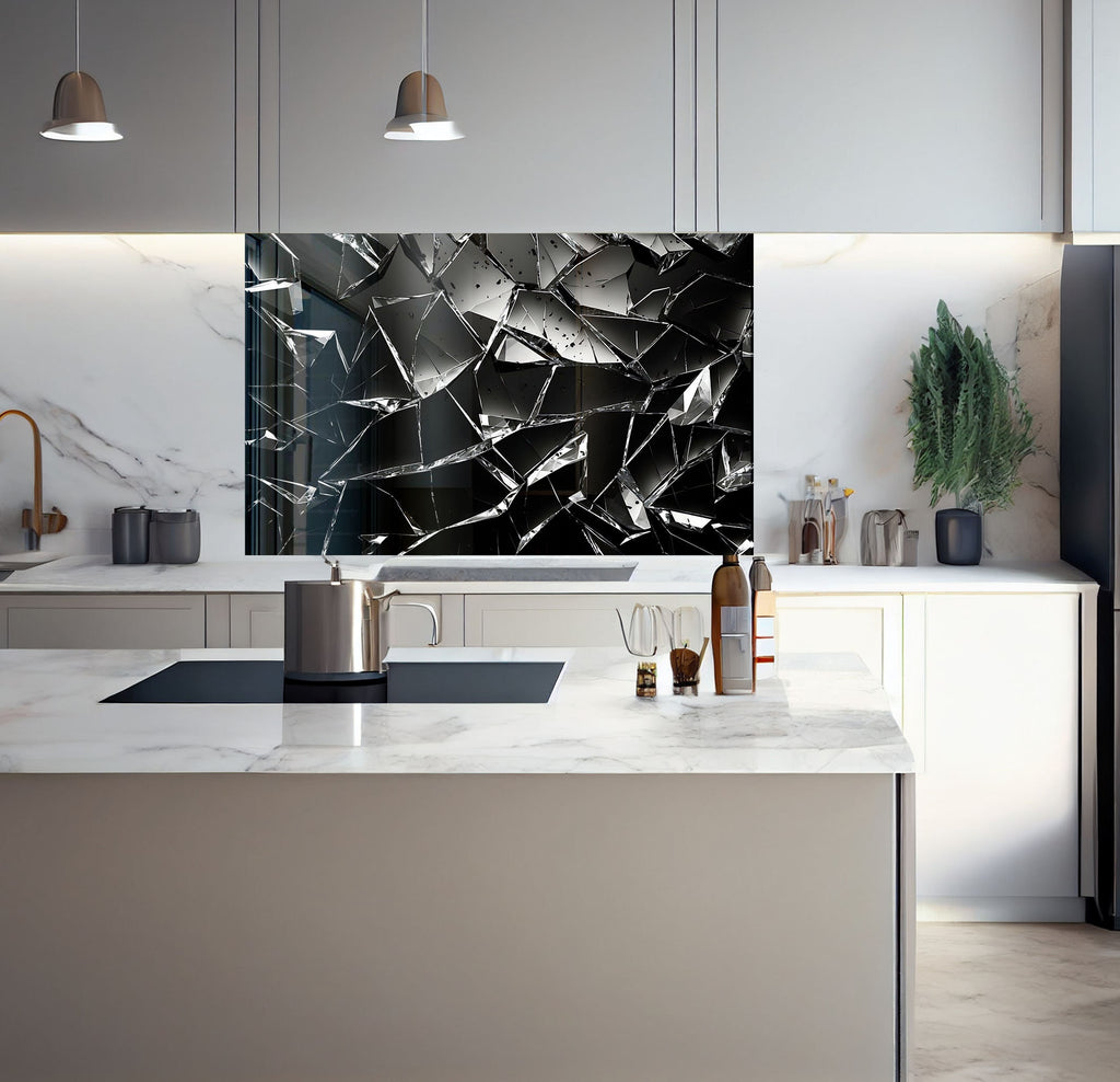 a kitchen with marble counter tops and white cabinets