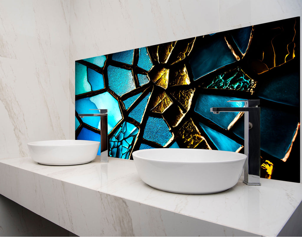 a bathroom with two sinks and a mosaic wall behind it