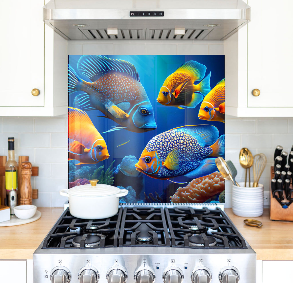 a painting of fish on a kitchen backsplash