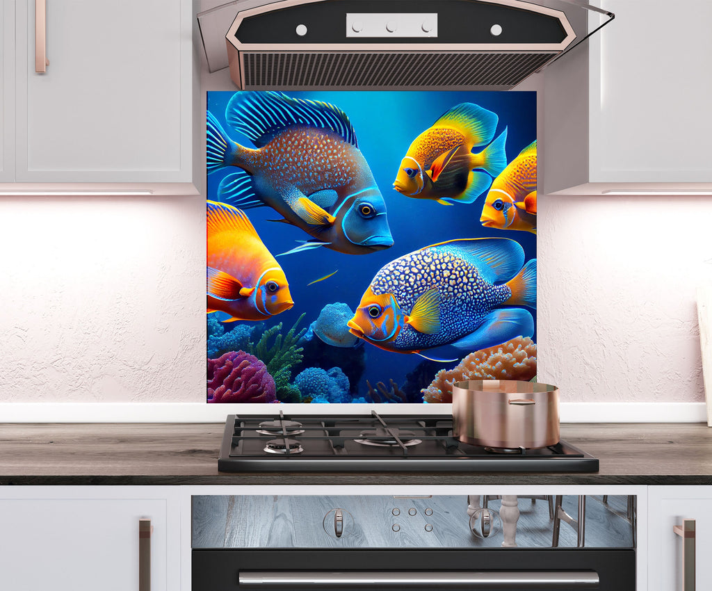 a painting of a group of fish on a kitchen backsplash