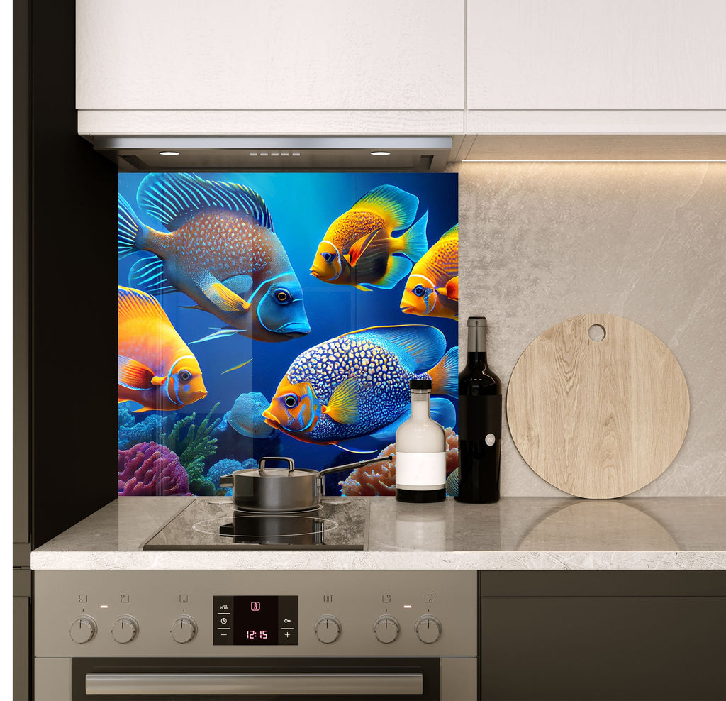 a kitchen with a stove top oven next to a wall mural