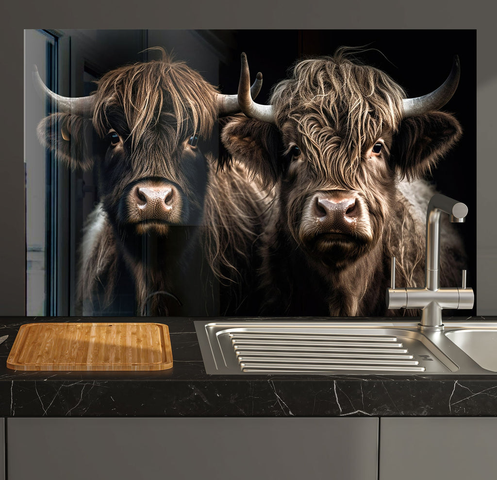 a couple of cows standing next to a kitchen sink