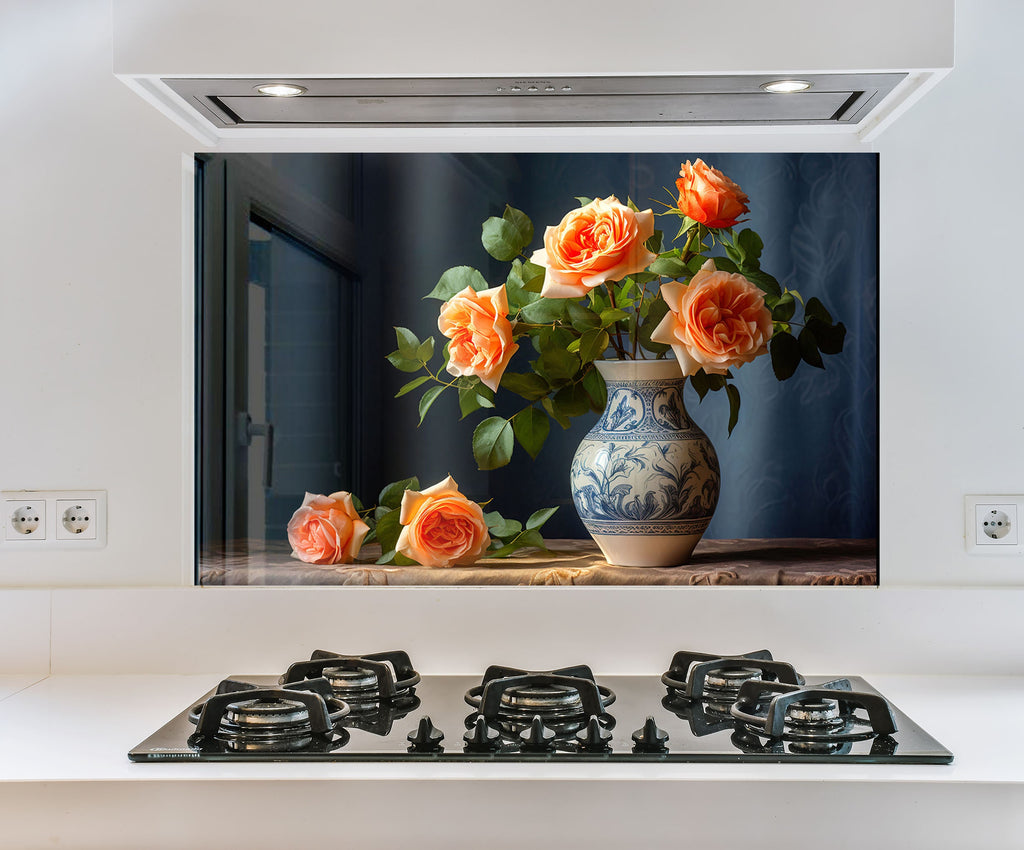 a vase filled with orange flowers sitting on top of a stove