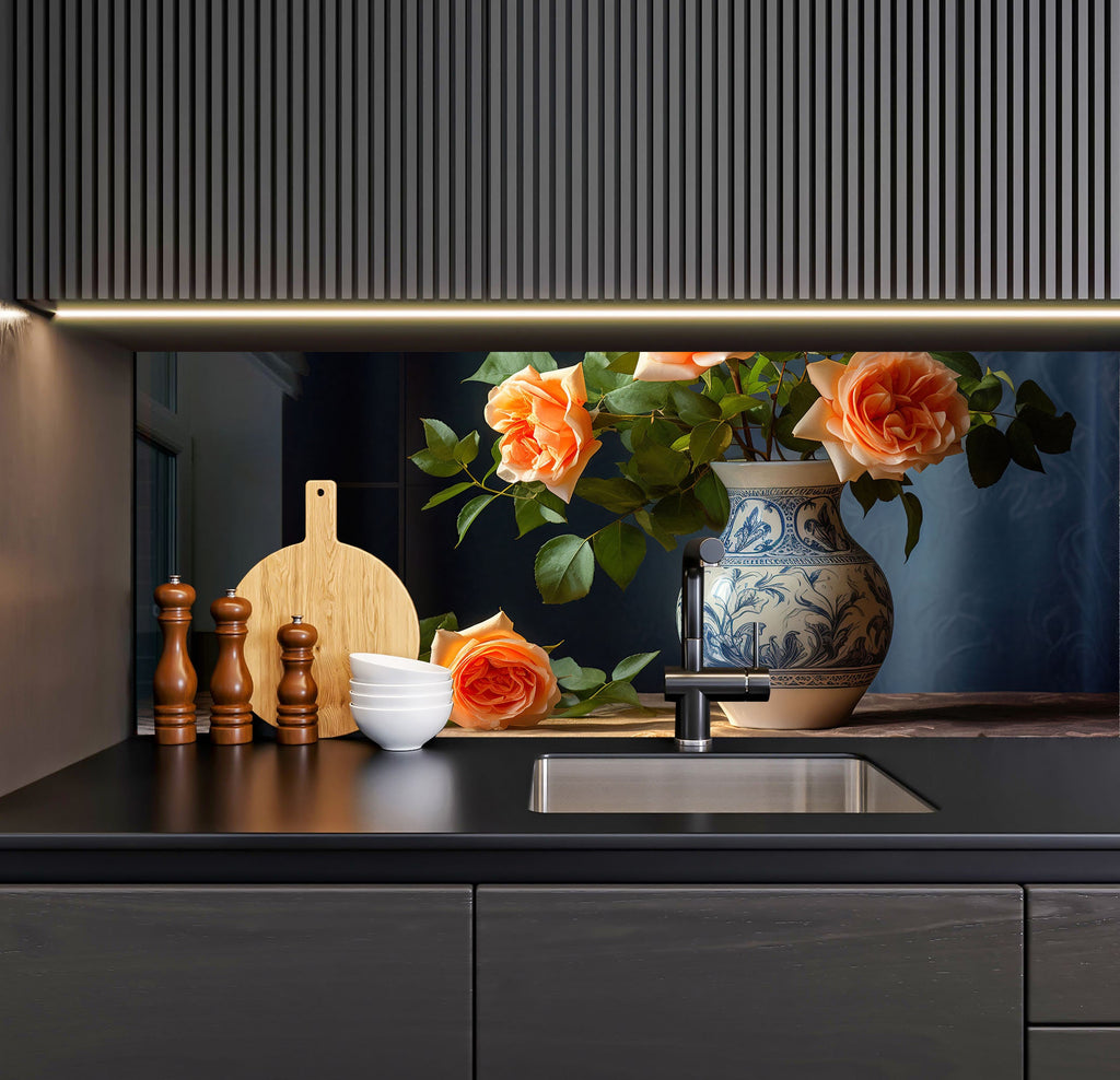 a vase of flowers sitting on top of a kitchen counter