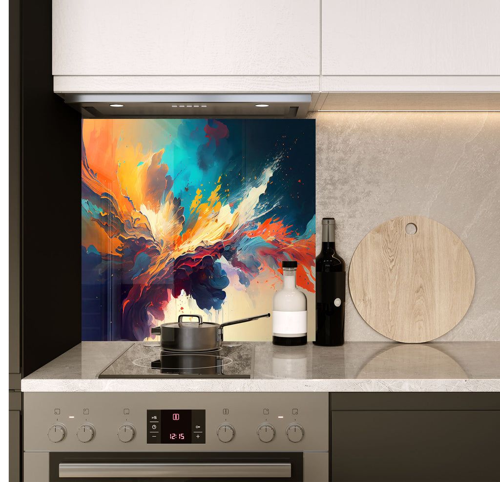 a stove top oven sitting under a painting on a wall