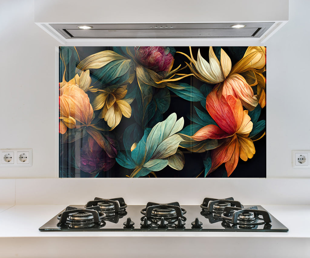 a picture of flowers on a wall above a stove