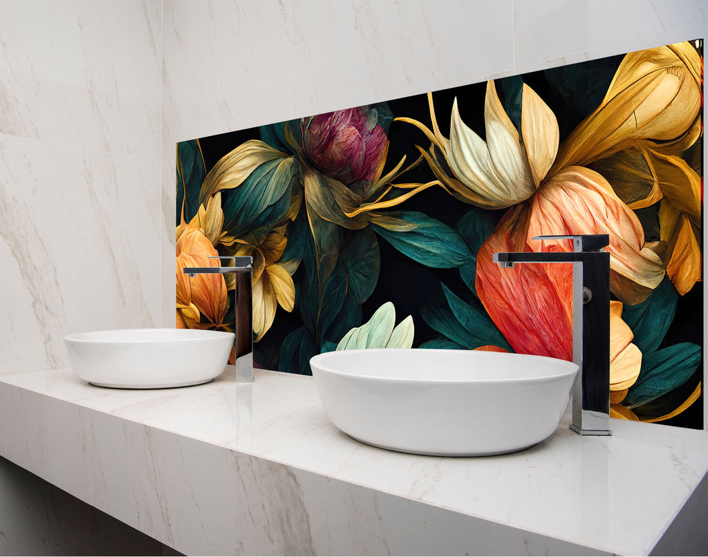 two bowls on a counter in front of a floral wall mural