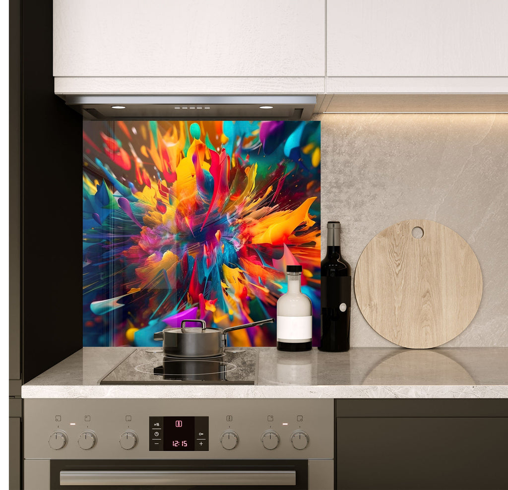 a kitchen with a painting on the wall next to a stove