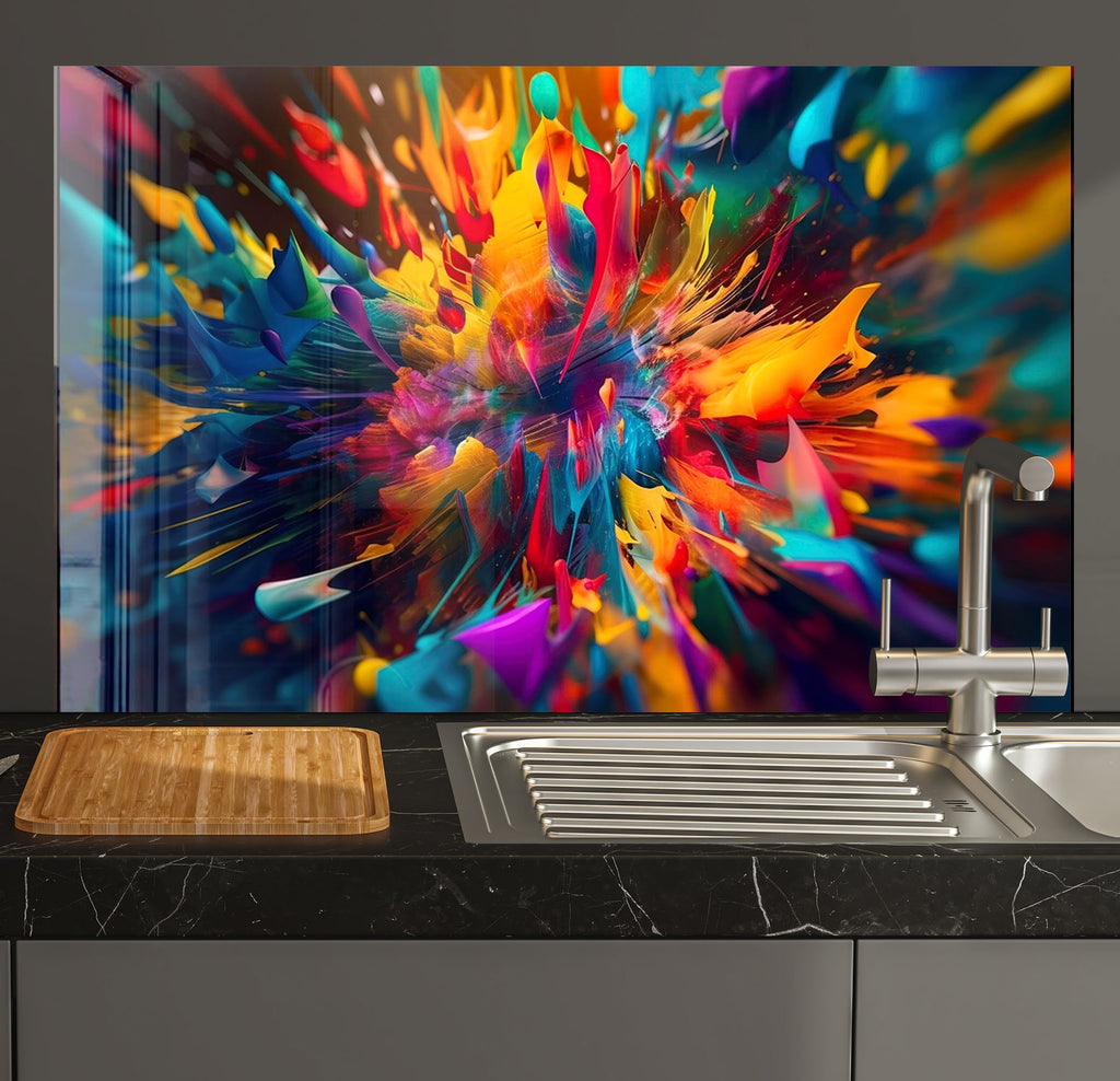 a kitchen counter with a sink and a painting on the wall