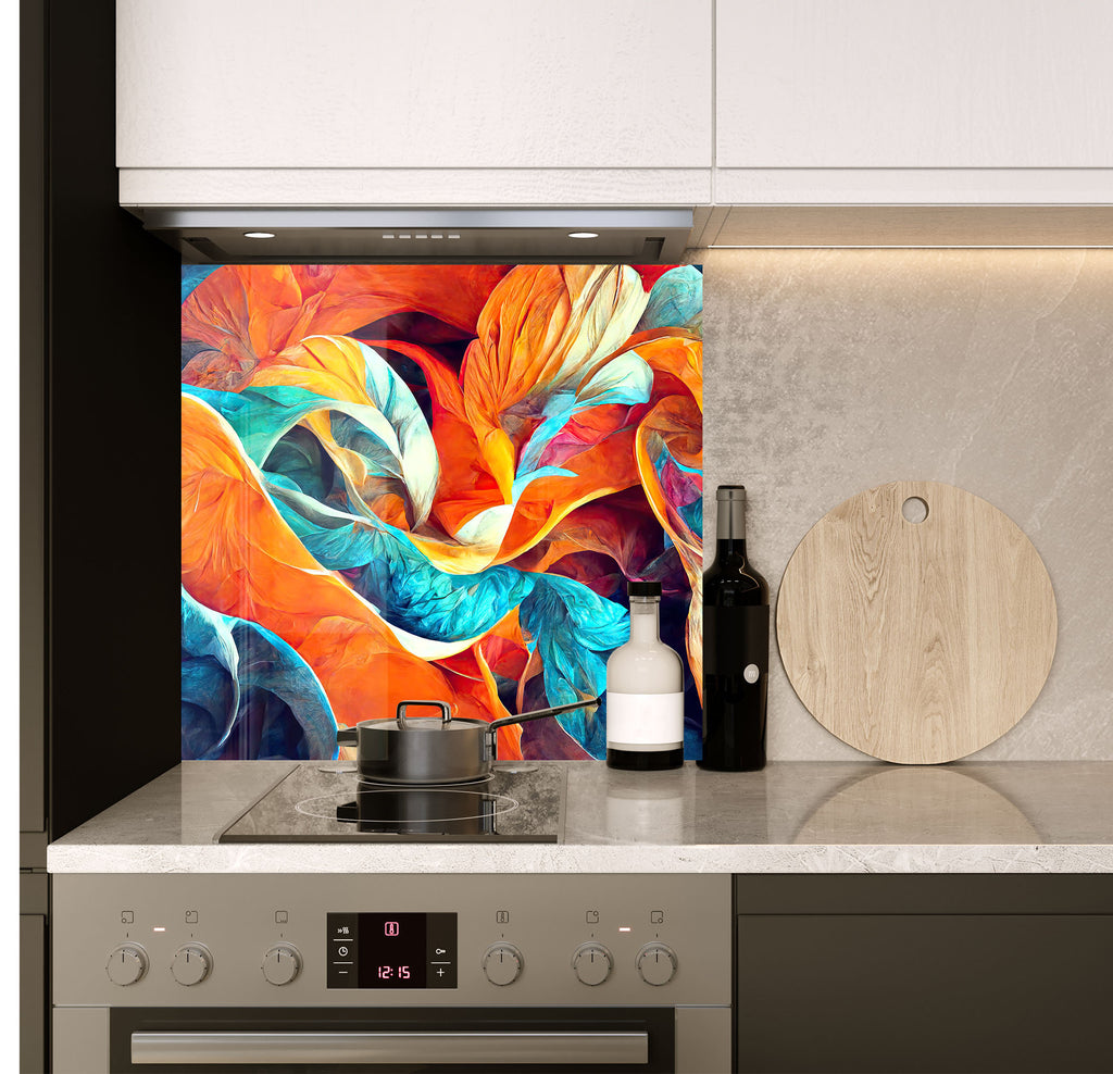 a stove top oven sitting under a painting on a wall