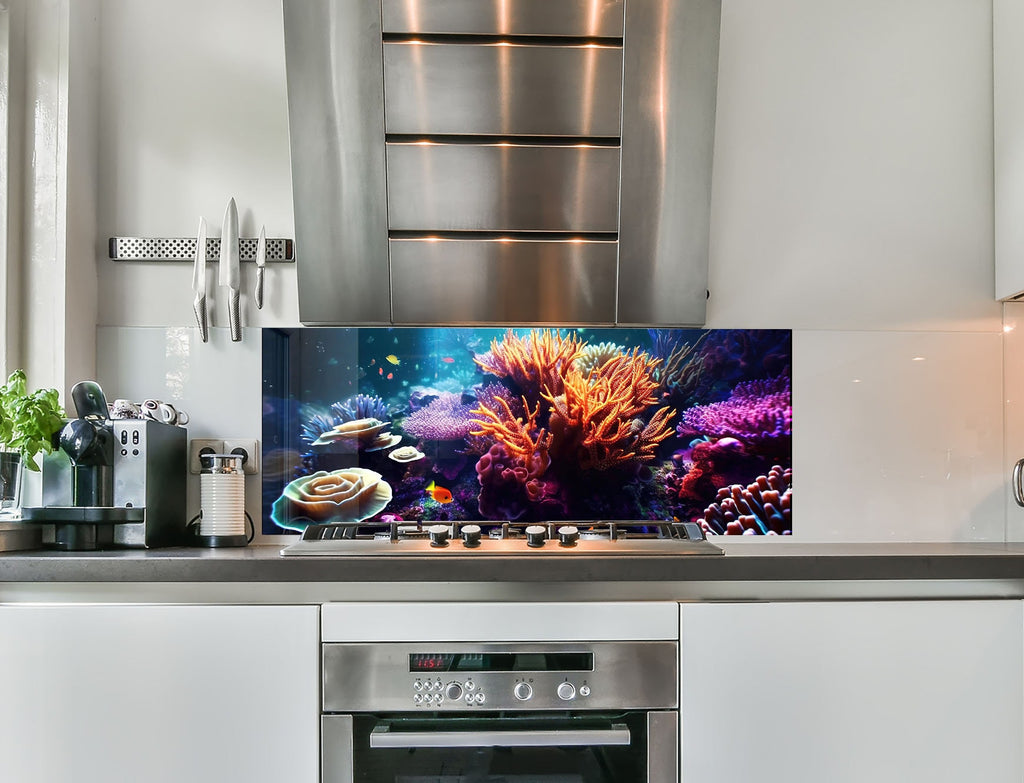 a kitchen with a stainless steel stove top oven