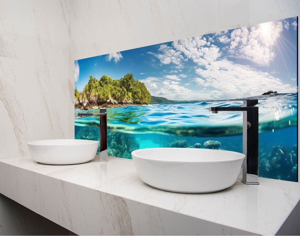 a bathroom with two sinks and a painting on the wall