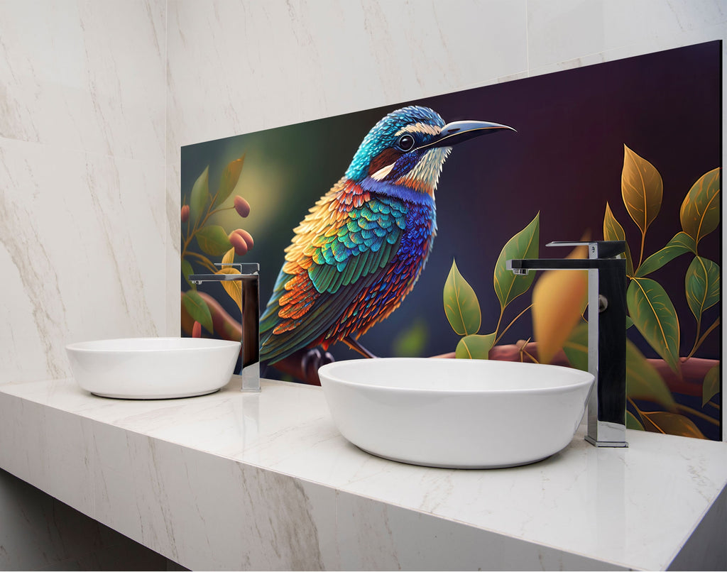 a bathroom with two sinks and a painting of a bird on the wall