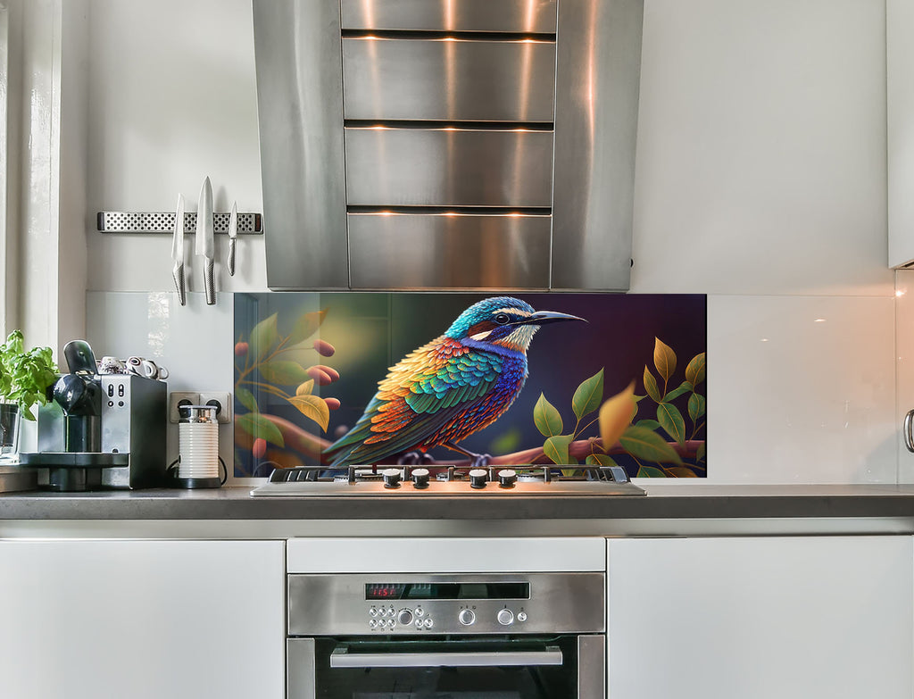 a painting of a colorful bird is on the wall of a kitchen