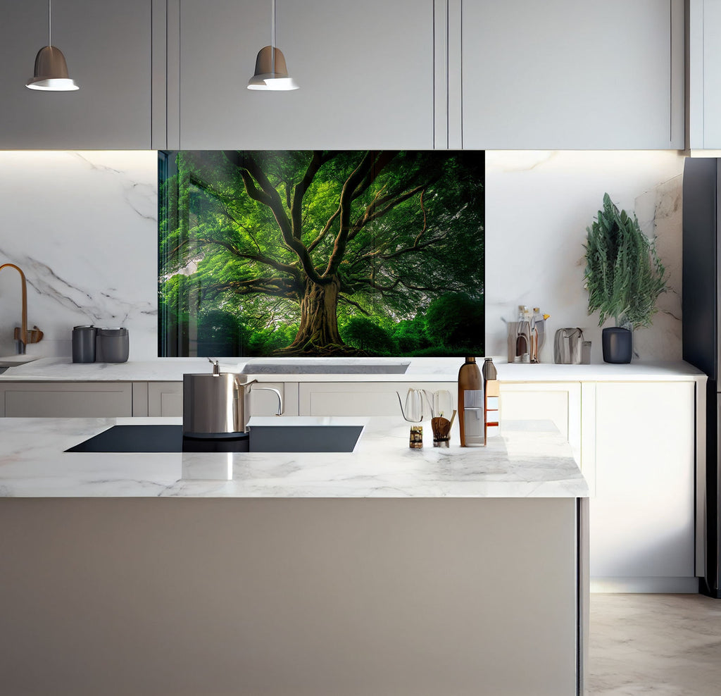 a kitchen with a large painting on the wall