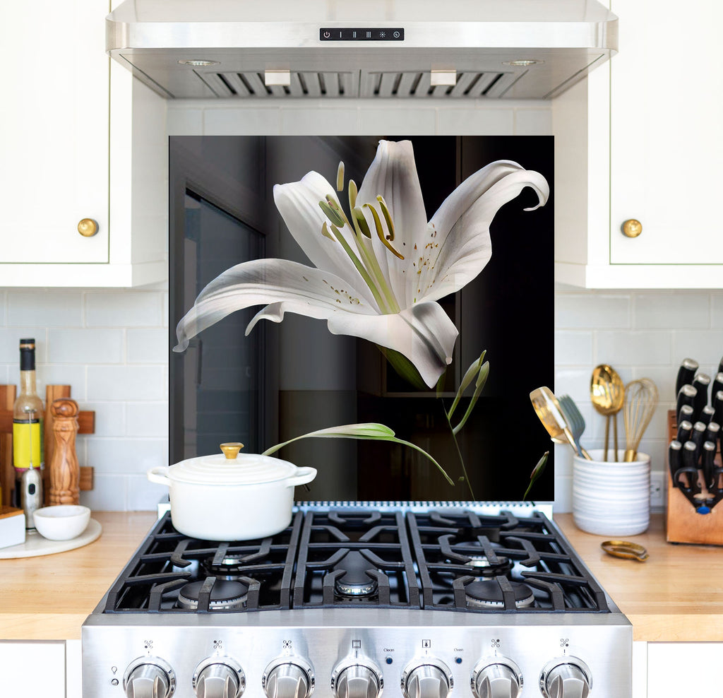 a white flower on a stove in a kitchen