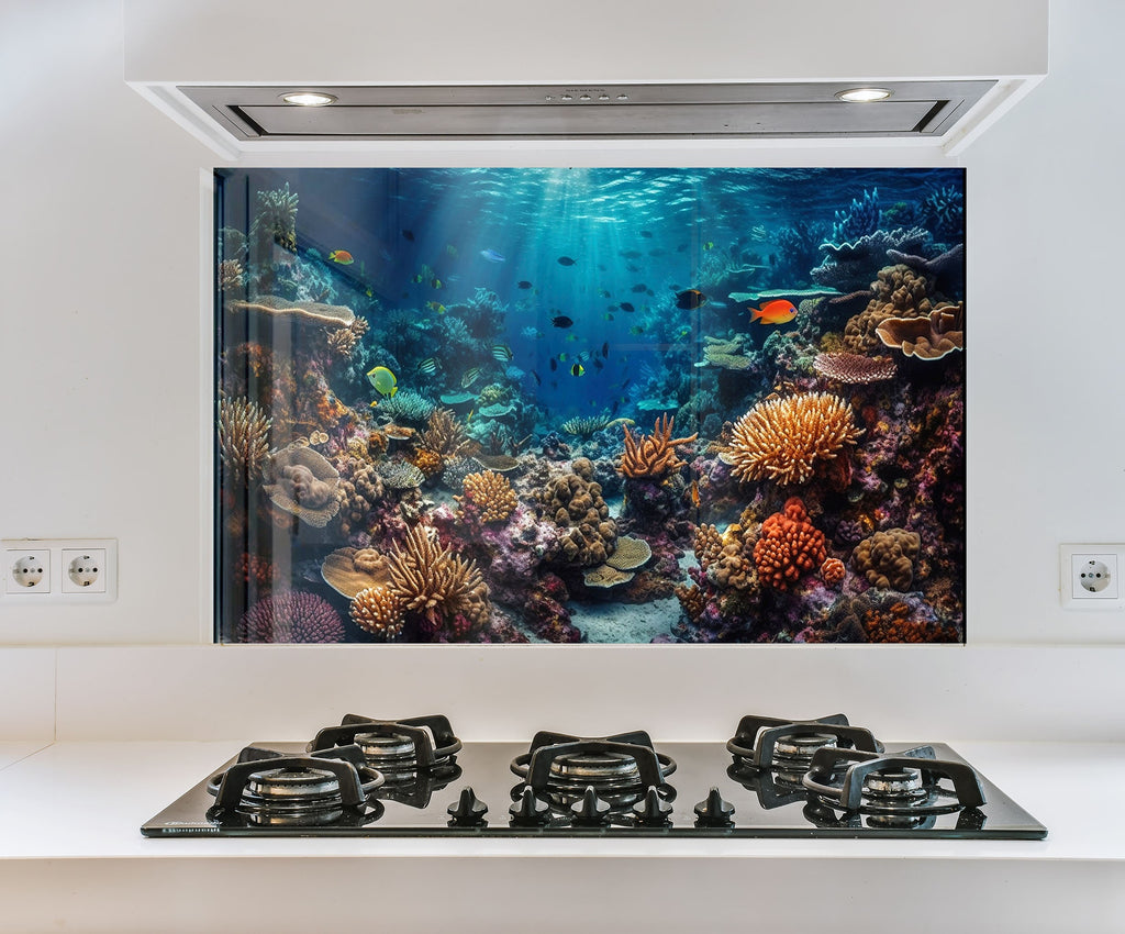 a picture of an underwater scene on a wall above a stove