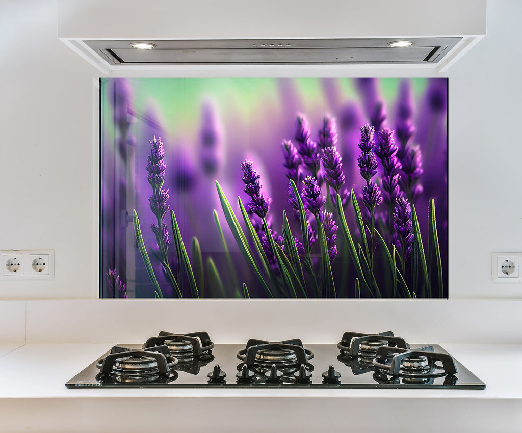 a picture of lavender flowers on the wall above a stove