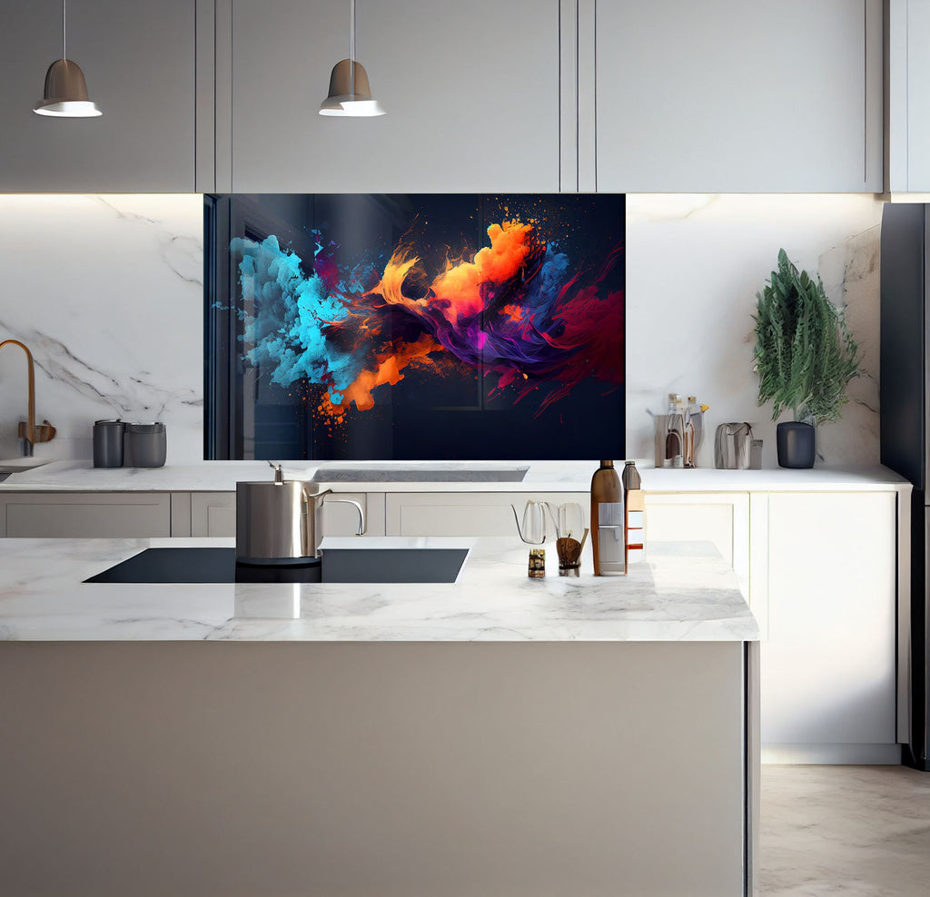 a kitchen with a large television mounted on the wall