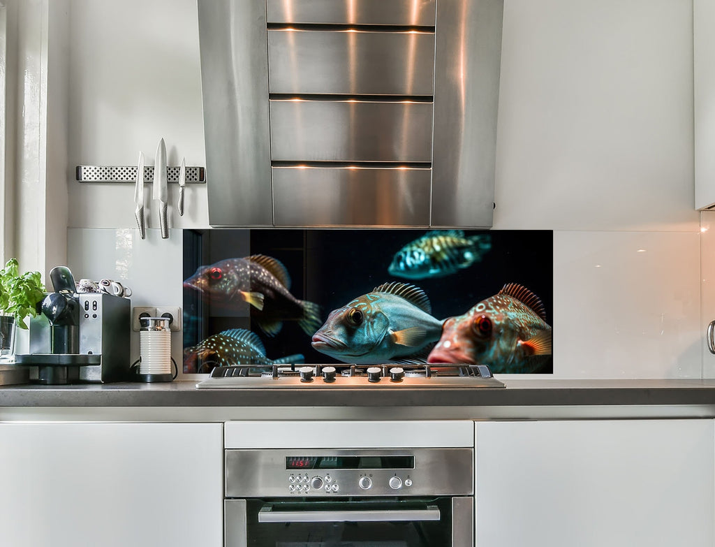 a kitchen with a fish picture on the wall