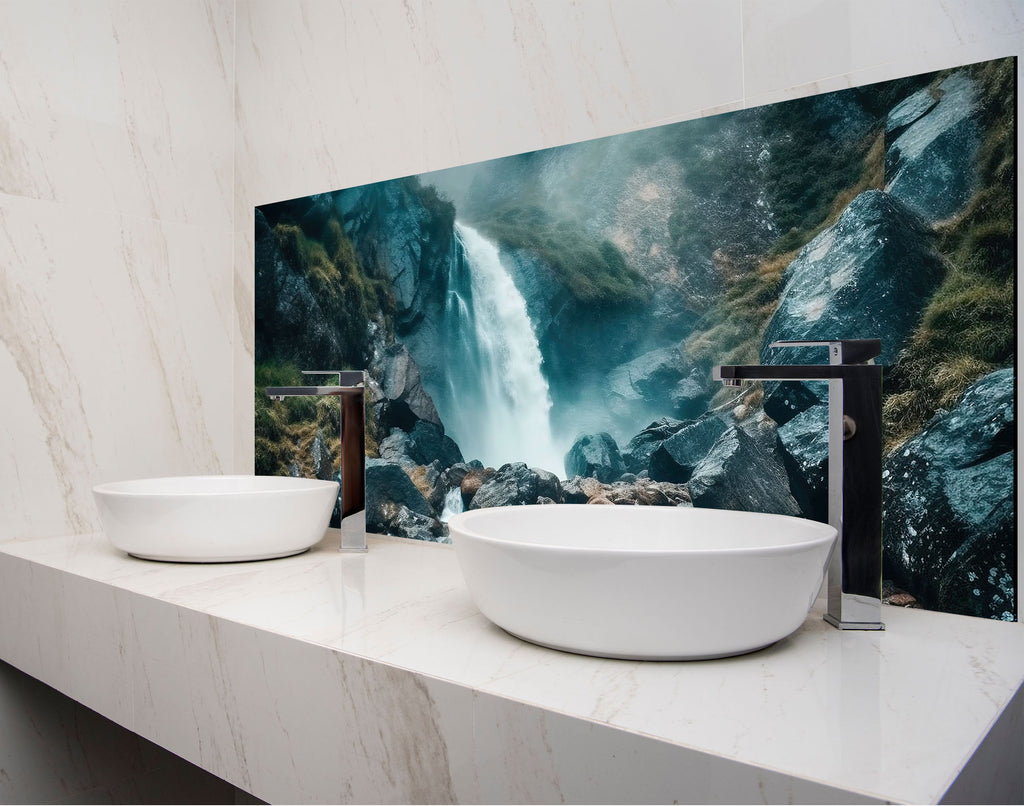 two white bowls on a counter with a waterfall in the background