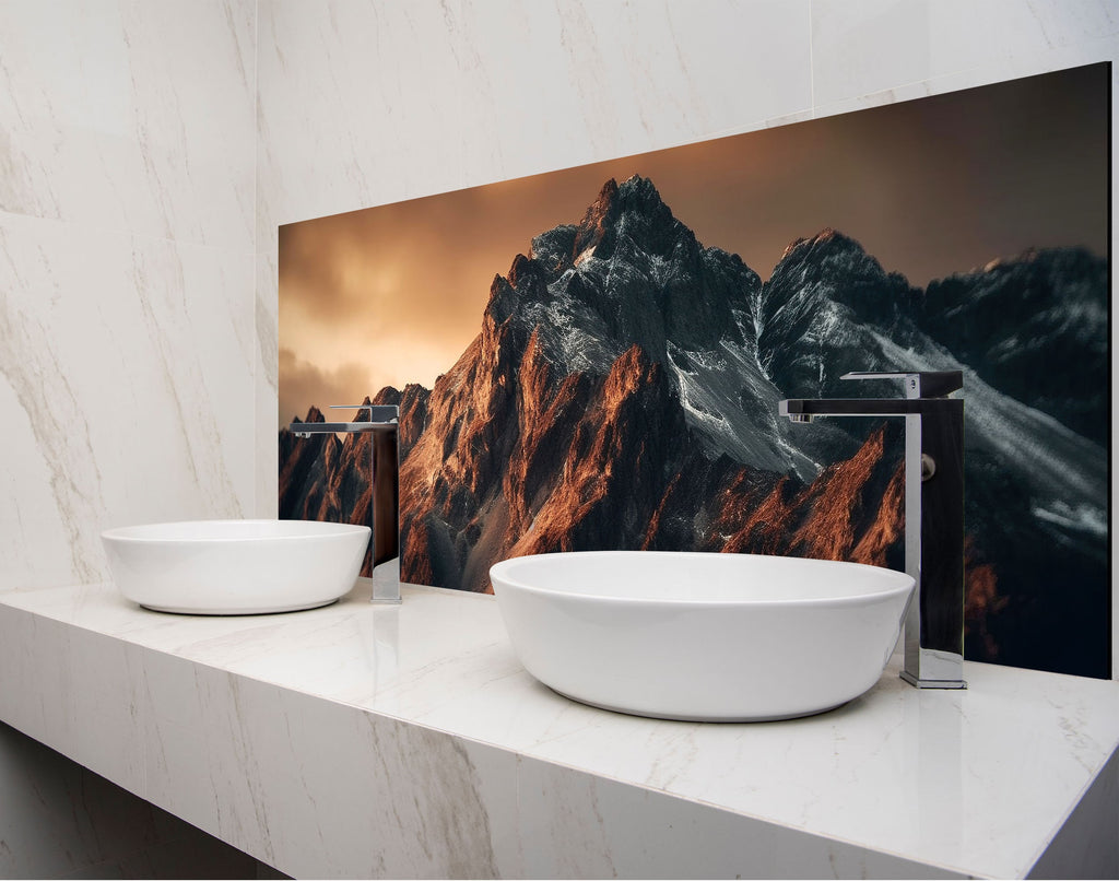 a bathroom with two sinks and a large picture on the wall