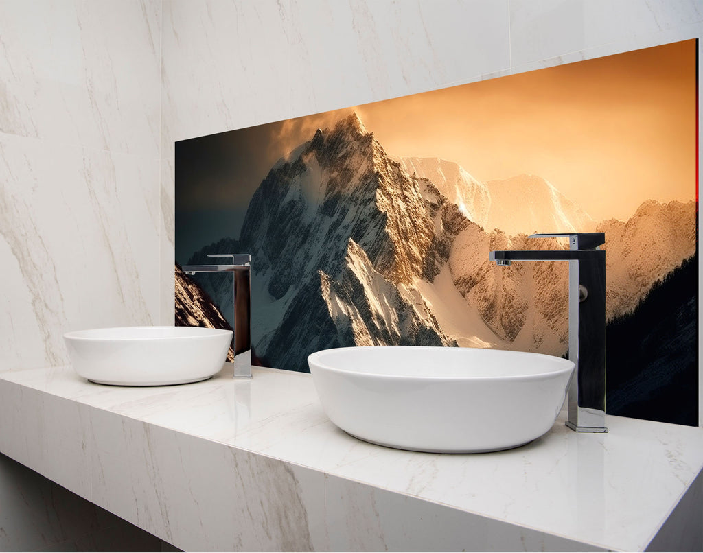 a bathroom with two sinks and a large picture on the wall