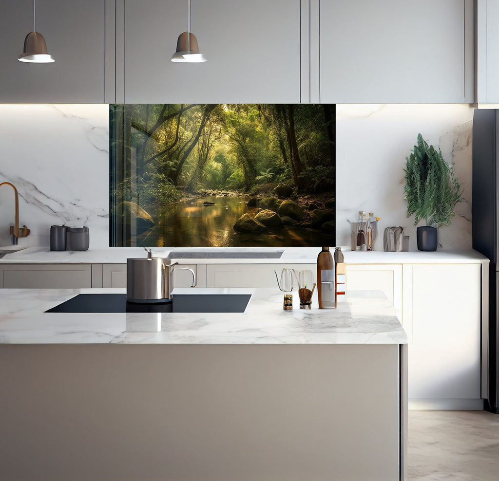 a kitchen with a large painting on the wall