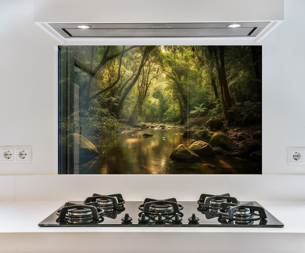 a stove top oven sitting under a picture of a forest