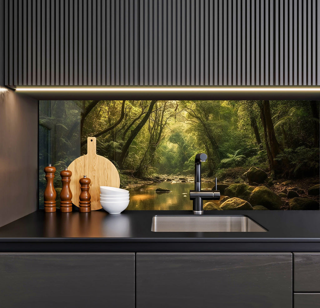 a kitchen with a sink and a painting on the wall