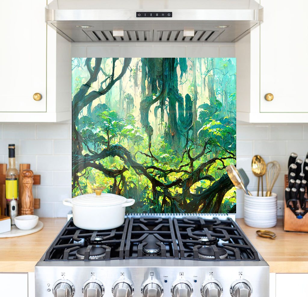 a stove top oven sitting under a painting of a forest