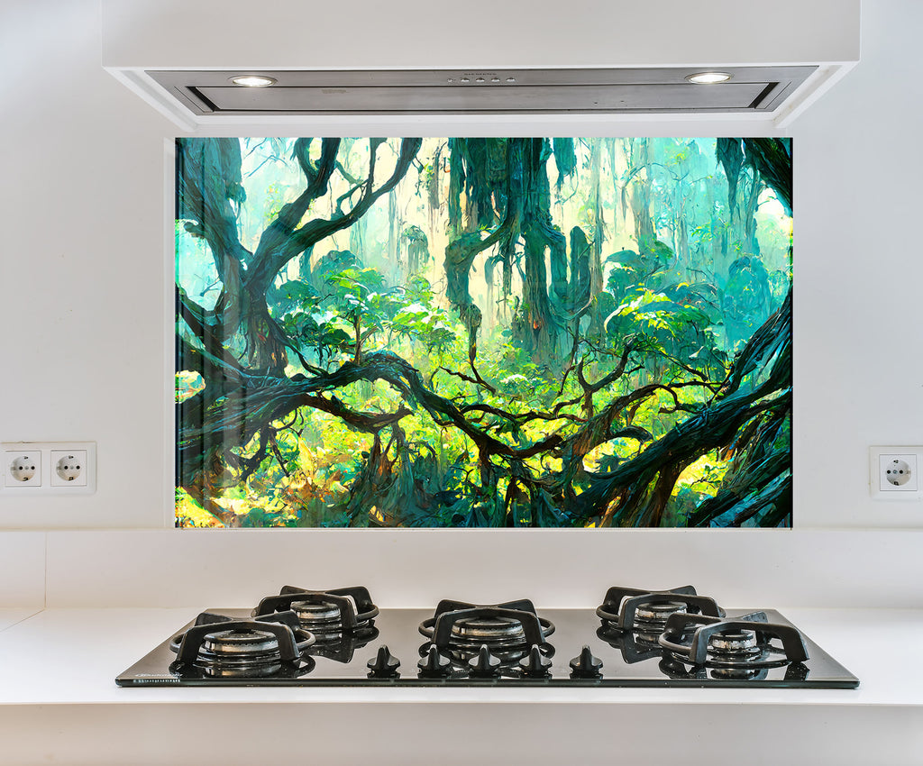 a painting of a forest is on the wall above a stove