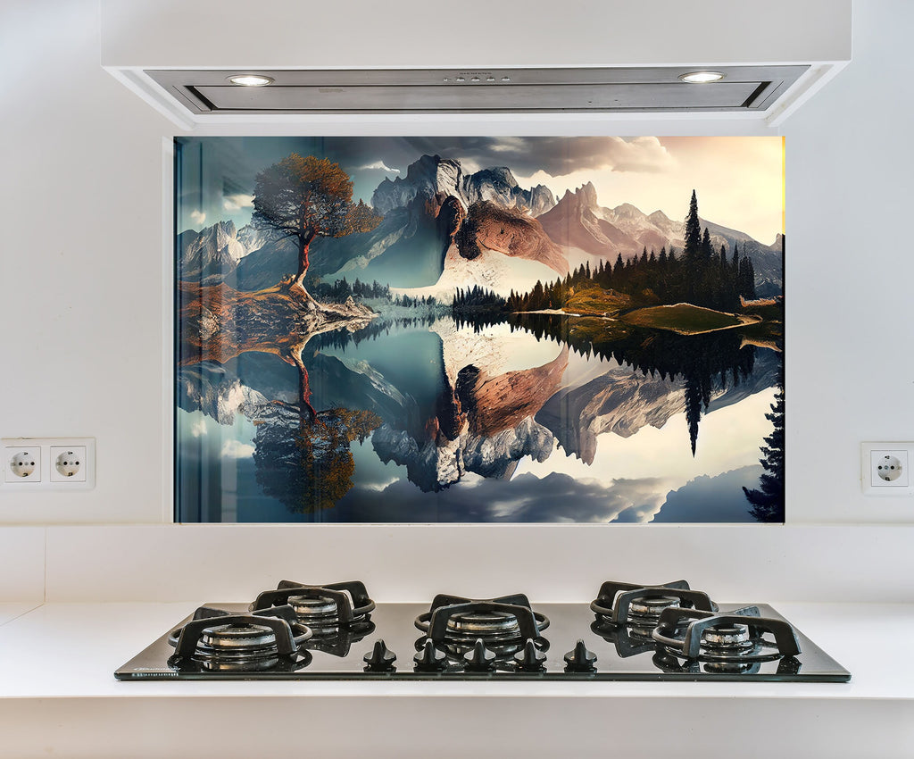 a picture of a mountain range in a kitchen