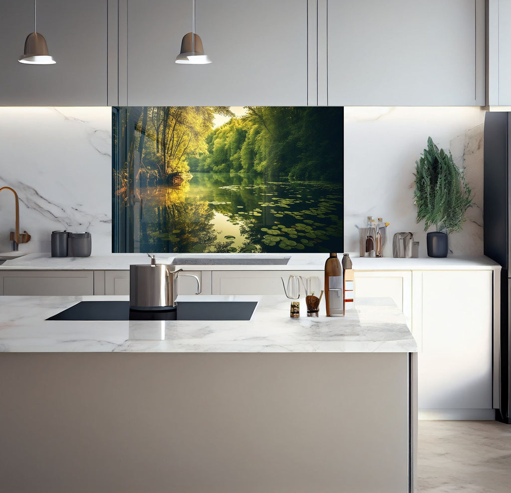 a kitchen with a large painting on the wall