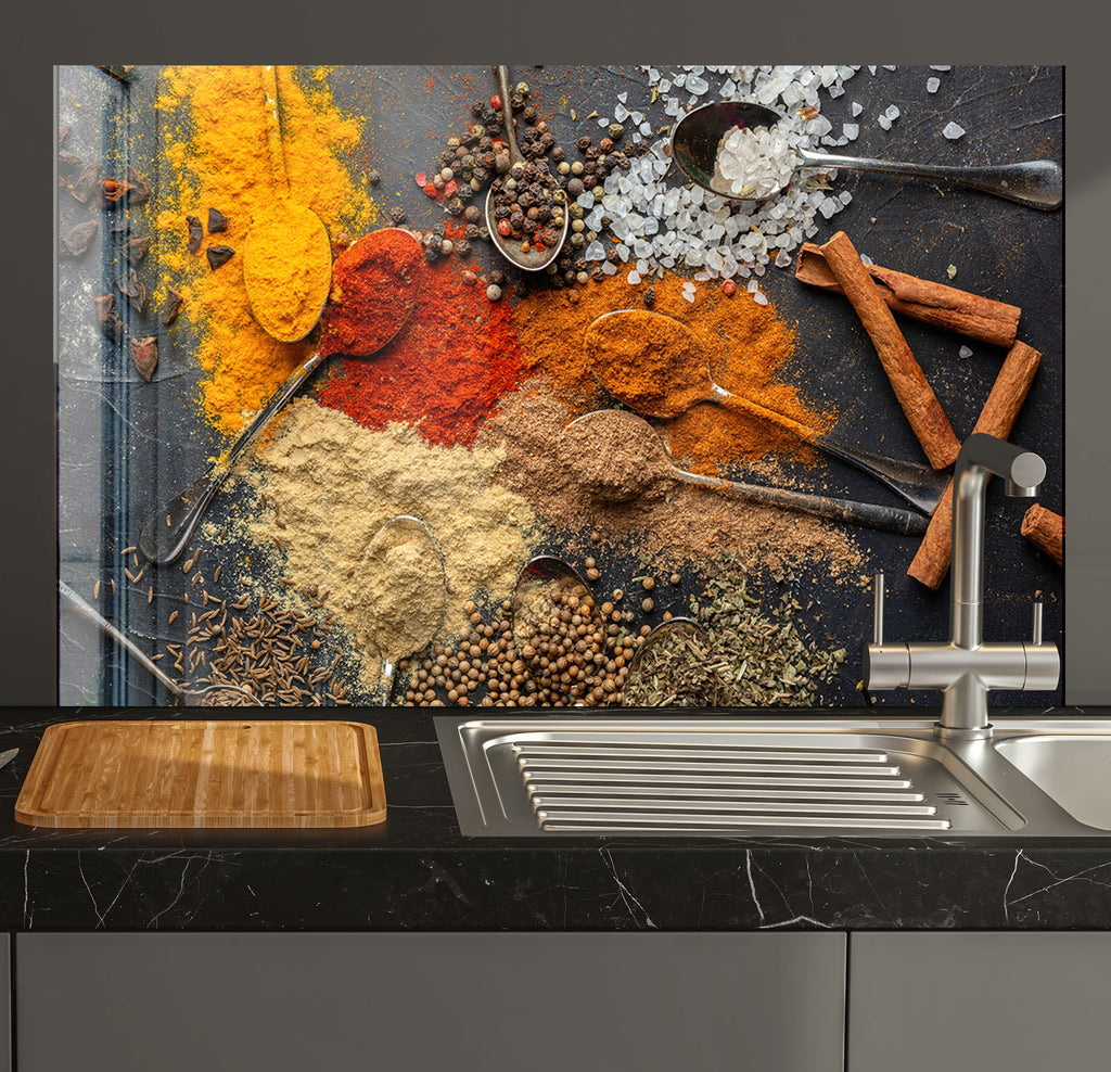 a kitchen counter with spices and spices on it