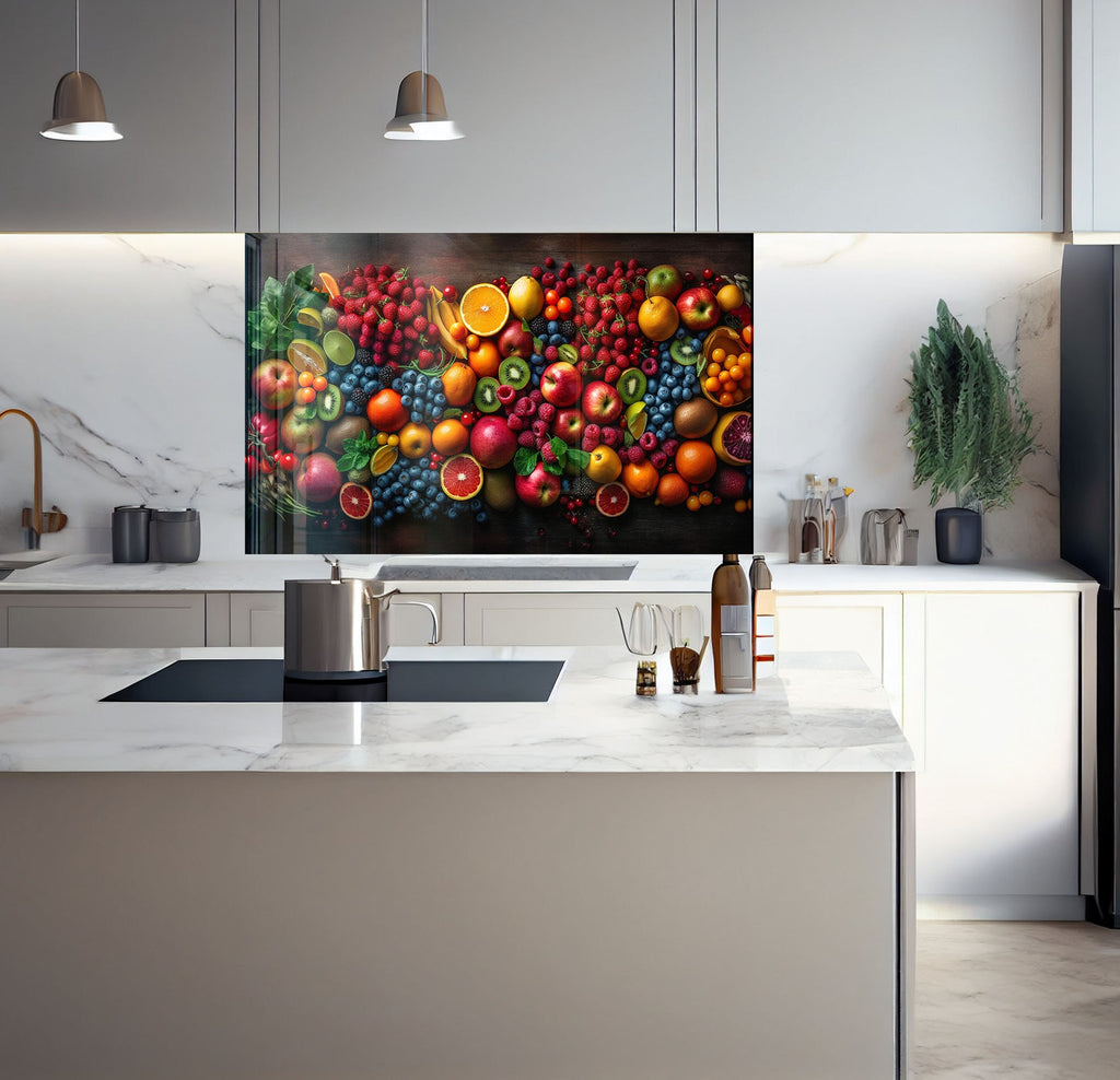 a kitchen with a large painting on the wall