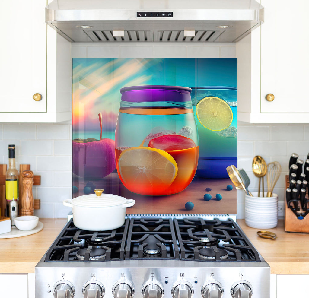 a stove top oven sitting under a painting