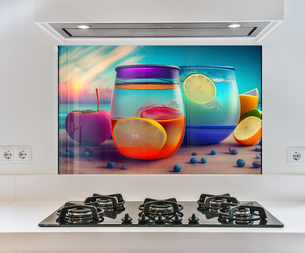 a picture of a stove top with a painting of lemons, blueberries,