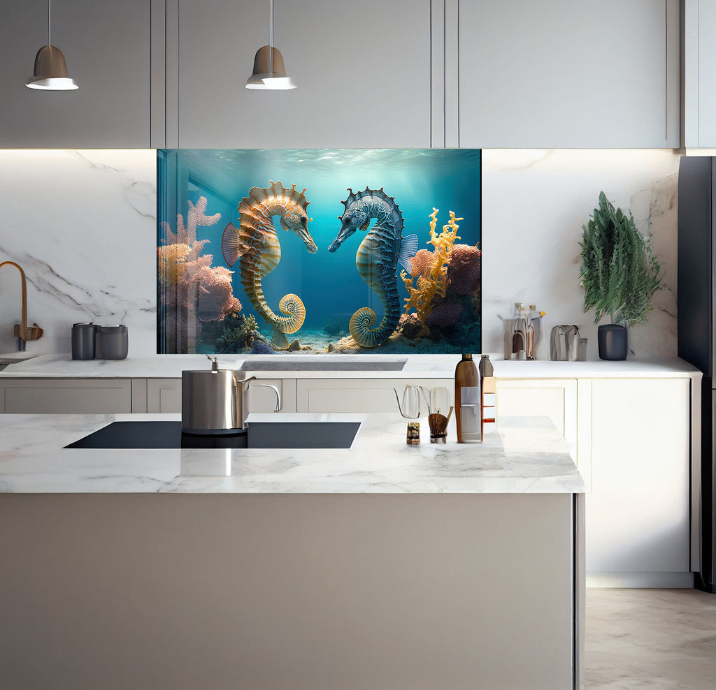 a kitchen with a large painting of two seahorses on the wall