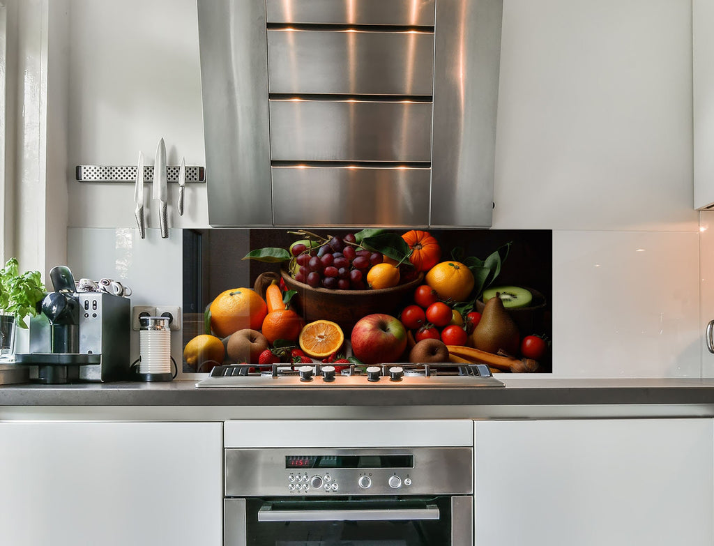 a painting of a bowl of fruit on a kitchen counter