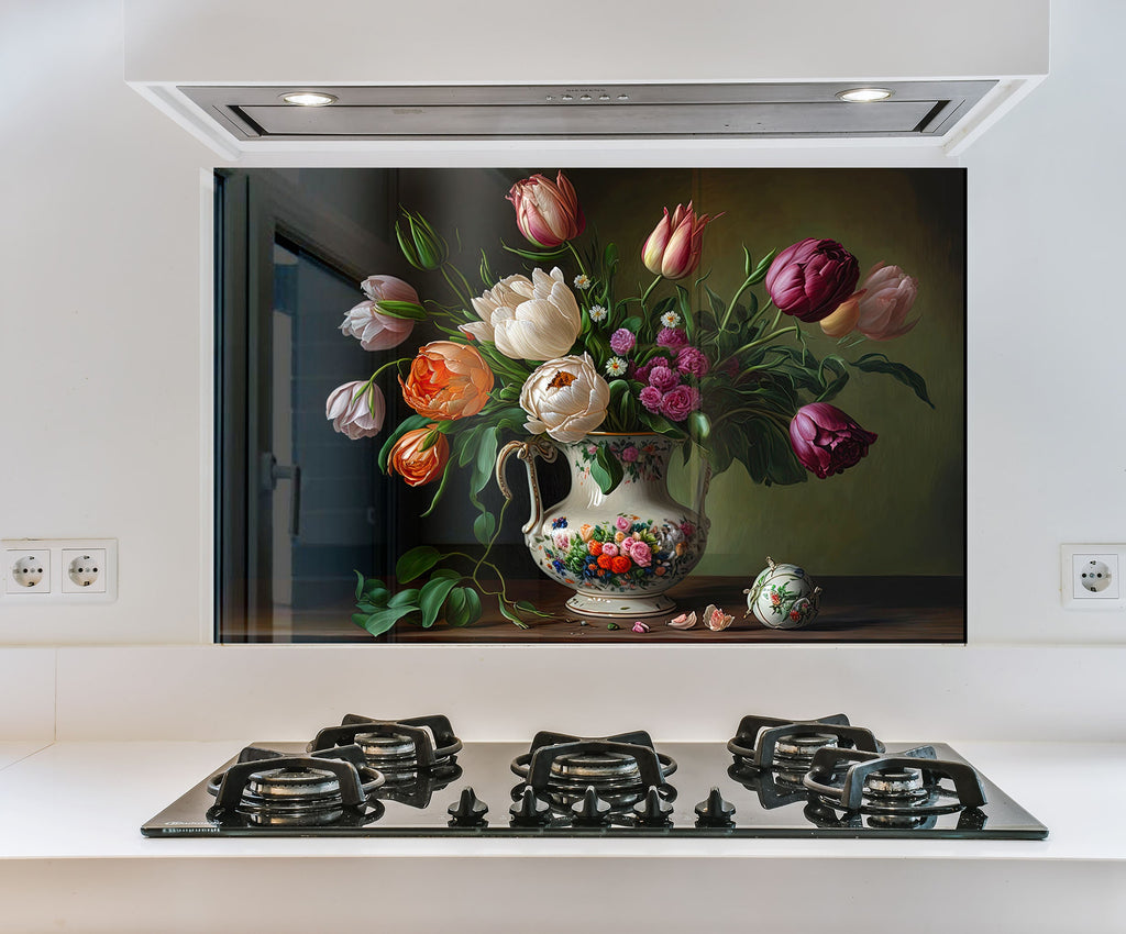 a painting of flowers in a vase on a stove