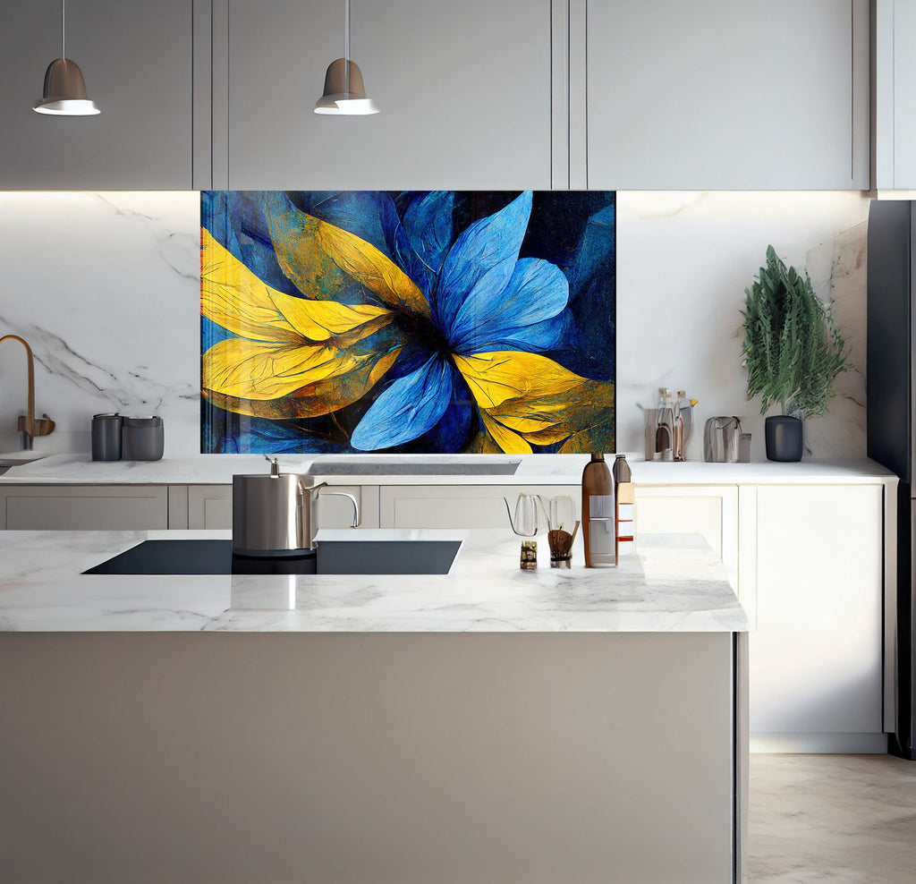 a kitchen with a large painting on the wall