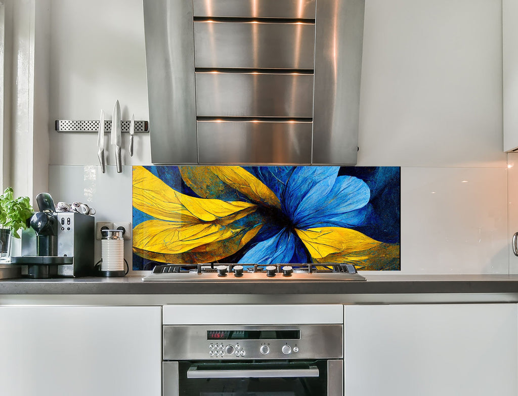 a painting of a blue and yellow flower on a wall above a stove