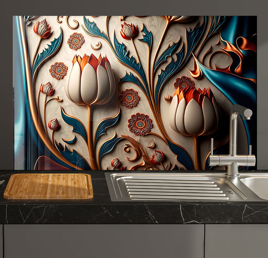 a kitchen with a sink and a painting on the wall