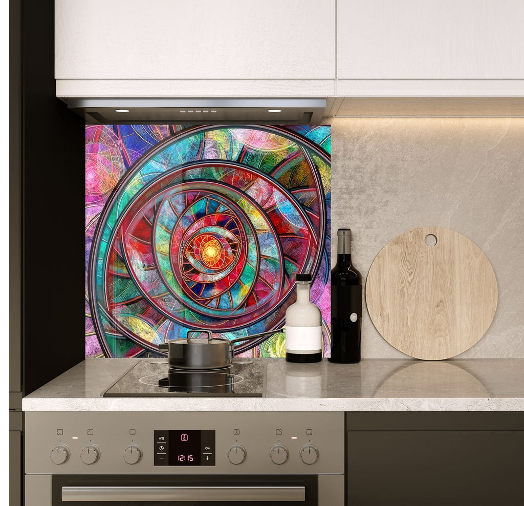 a stove top oven sitting under a colorful painting