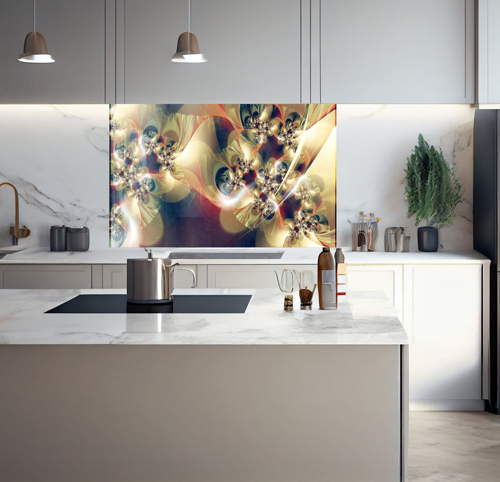 a kitchen with a marble counter top and a painting on the wall