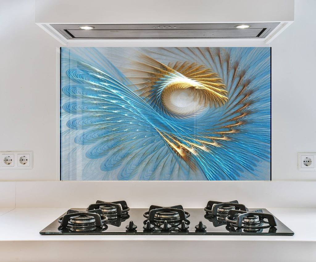 a picture of a blue and gold design on a wall above a stove