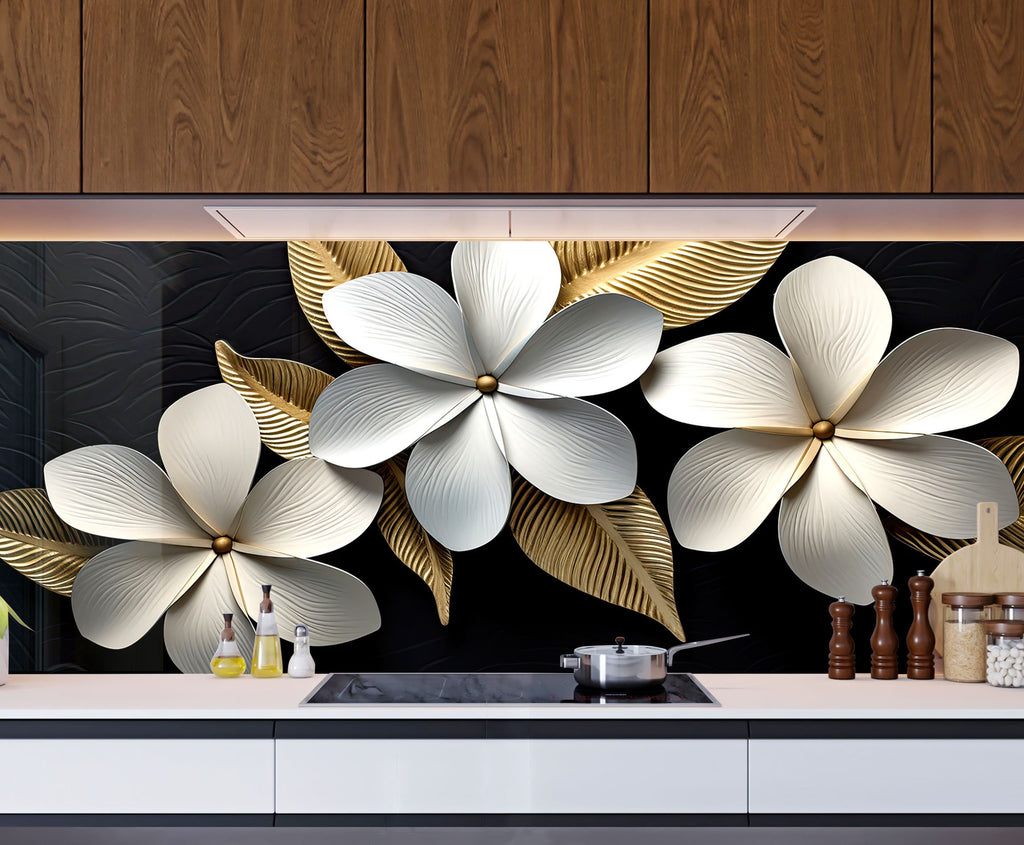 a kitchen with a black and white floral wallpaper